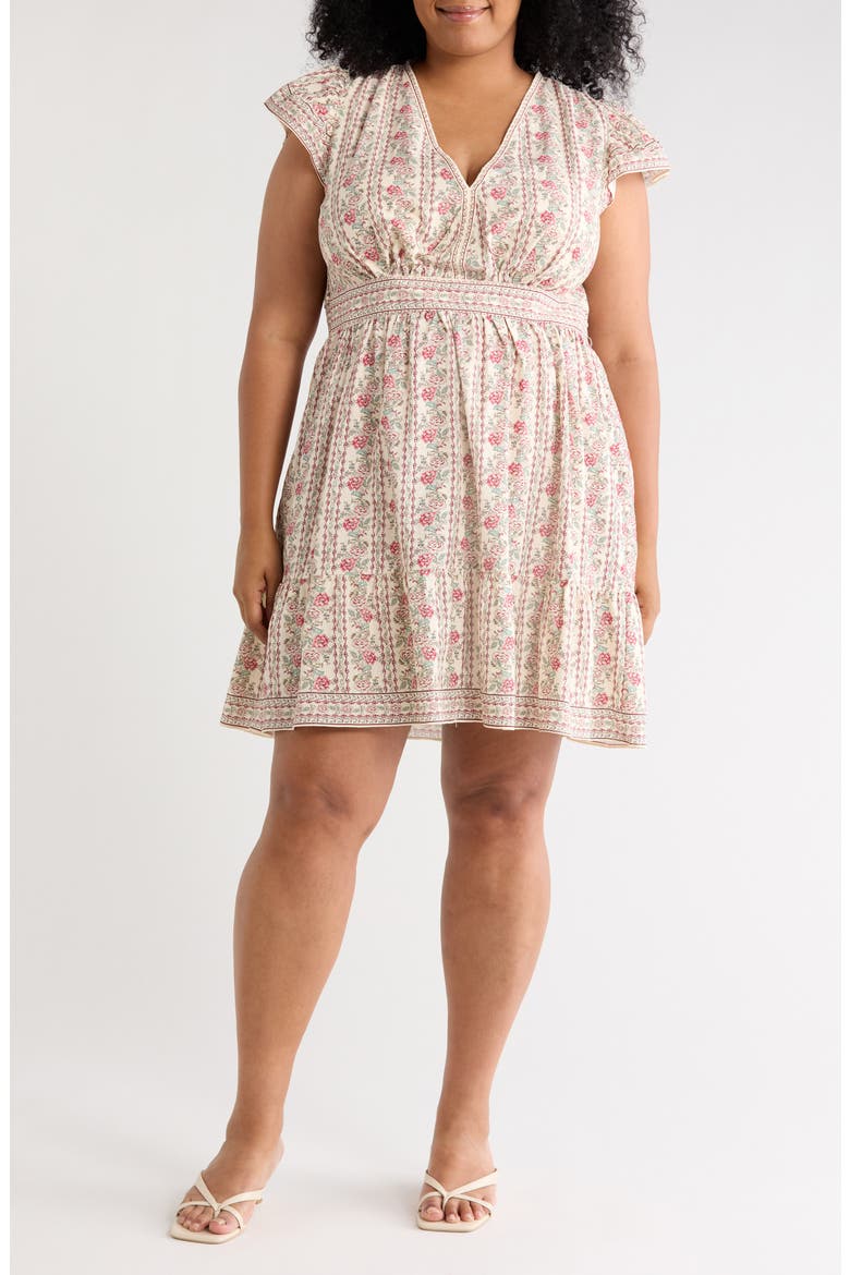 Flutter Sleeve Floral Tiered Dress, Main, color, CREAM/ RED PORCELAIN