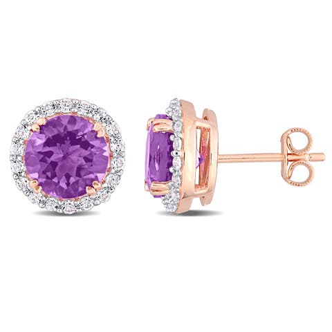 Gemstones Halo Stud Earrings Plated Silver