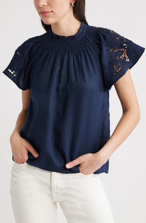 Embroidered Cutwork Linen Popover Top