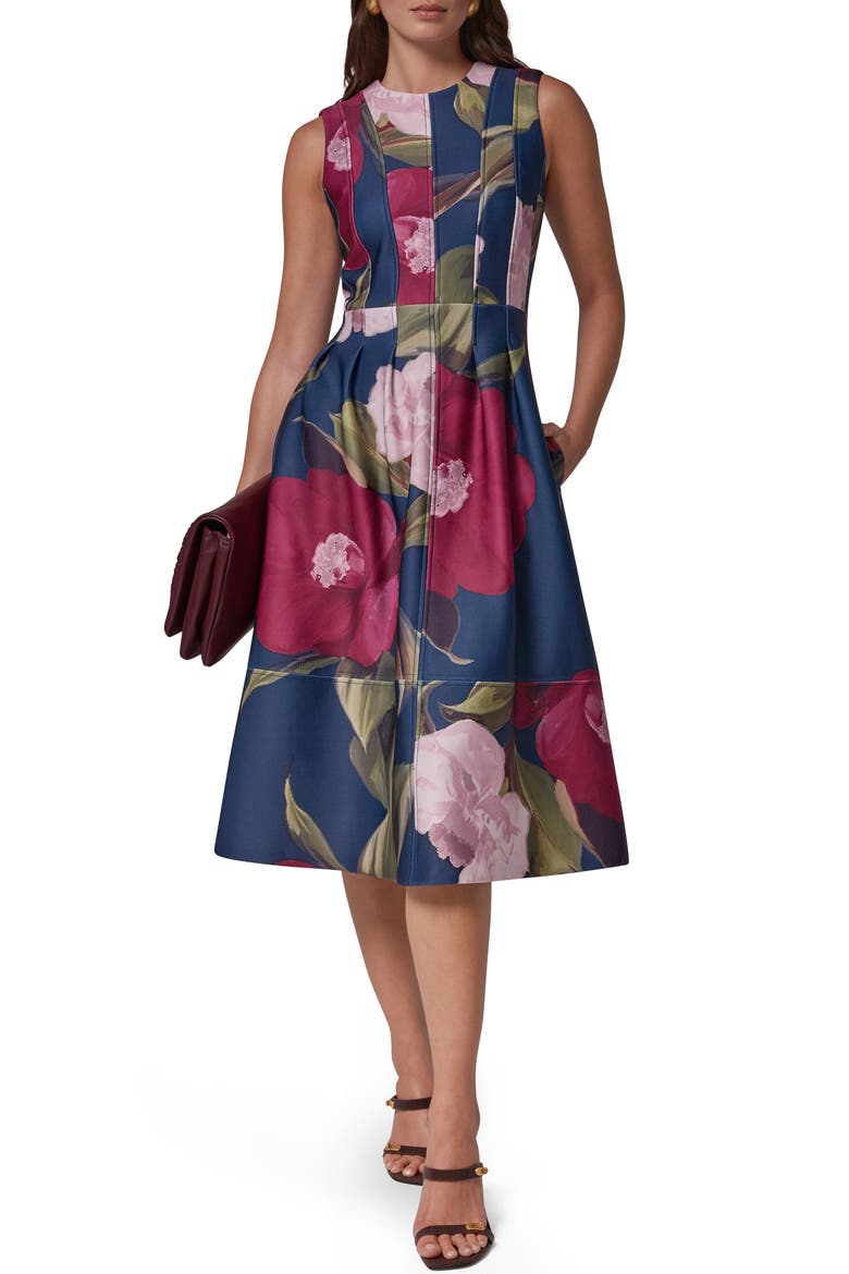 Floral Panelled Scuba Crepe Fit & Flare Dress, Main, color, NAVY/ BLACK