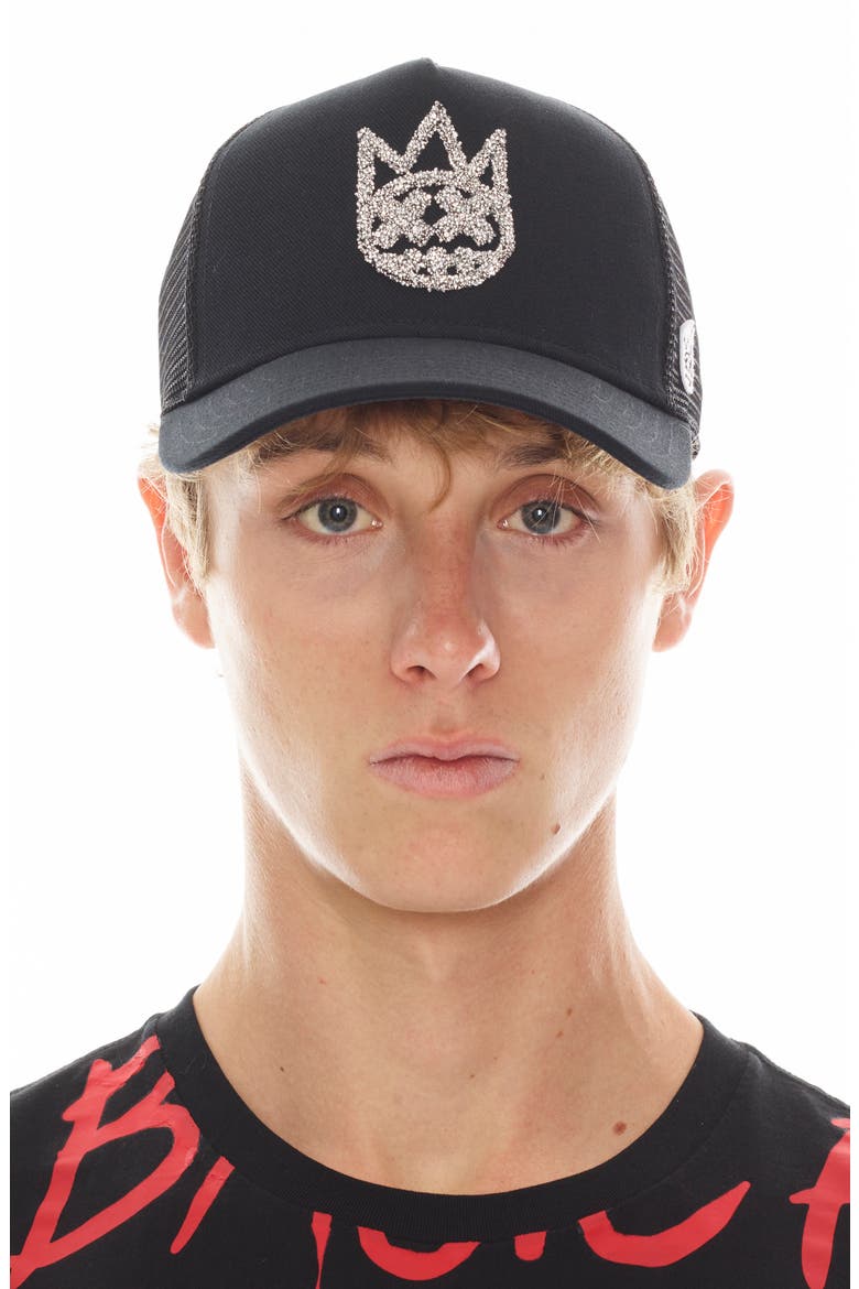 Clean Crystal Embellished Logo Trucker Hat, Main, color, BLACK