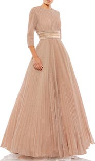 Mac Duggal Shimmering Pleated A-Line 3/4 Sleeve Gown