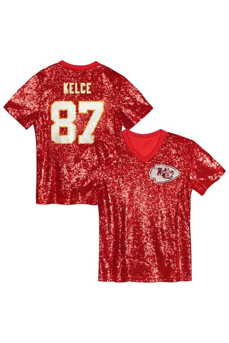 Girls Youth Travis Kelce Red Kansas City Chiefs Sequin V-Neck Fashion Jersey, Main, color, Red