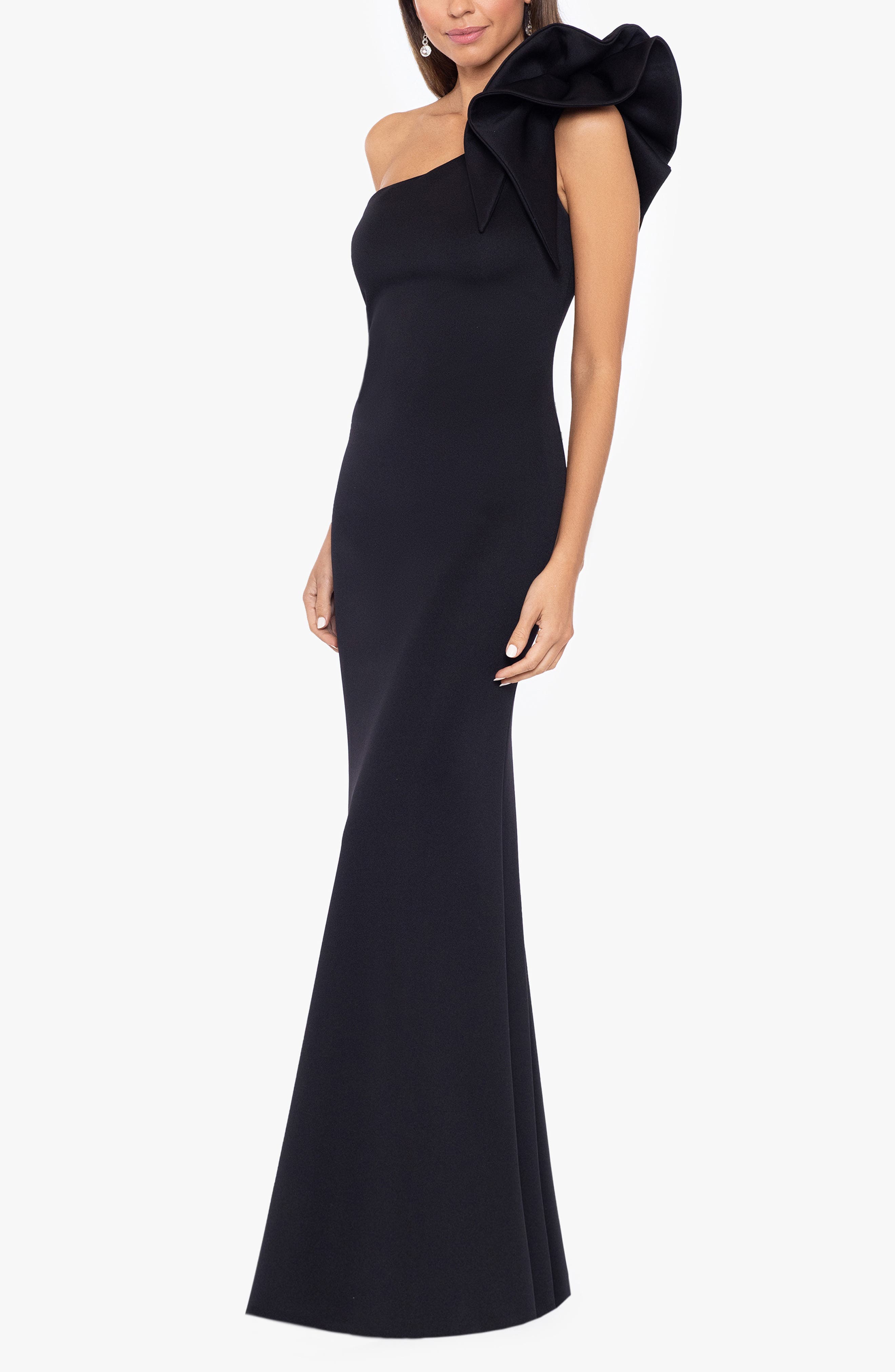 Ruffle One-Shoulder Scuba Knit Gown