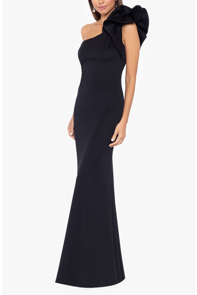Ruffle One-Shoulder Scuba Knit Gown, Main, color, BLACK