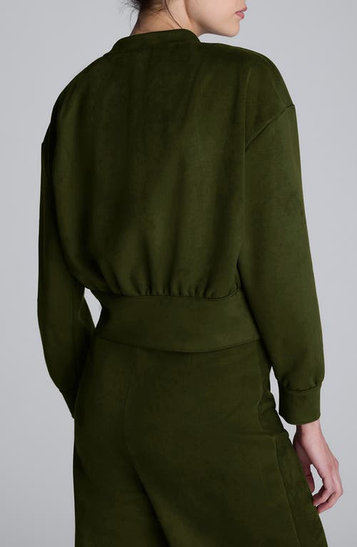 Kenneth Cole Faux Suede Shoulder Pleated Long Sleeve Knit Pullover In Green