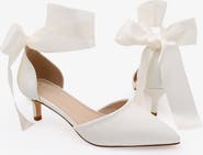 Kailee P Farah Satin Pointy Toe Kitten Low Heel with Wrapped Satin Ribbon Tie