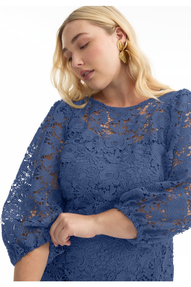 Puff Sleeve Lace Midi Dress, Alternate, color, INK BLUE