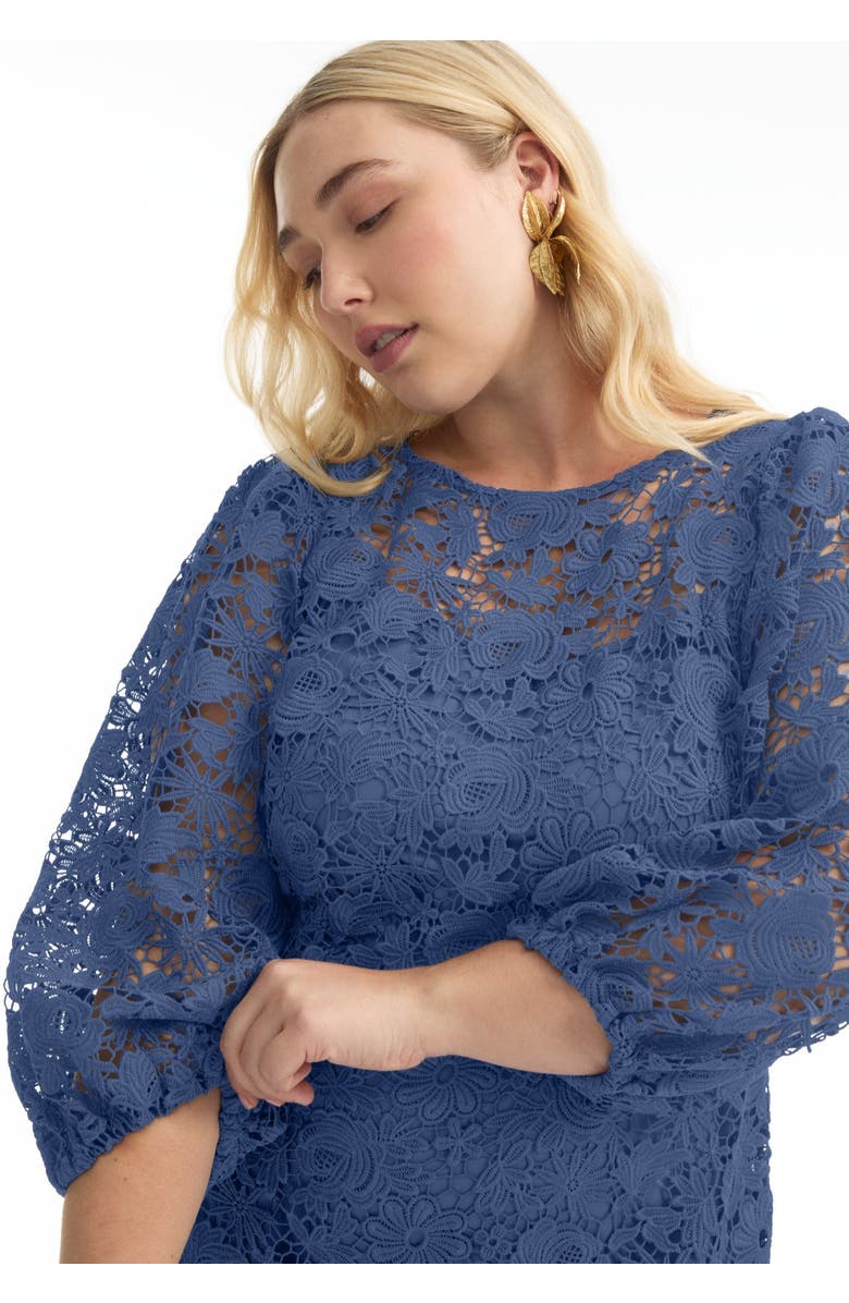 June + Vie Puff Sleeve Lace Midi Dress, Alternate, color, Ink Blue
