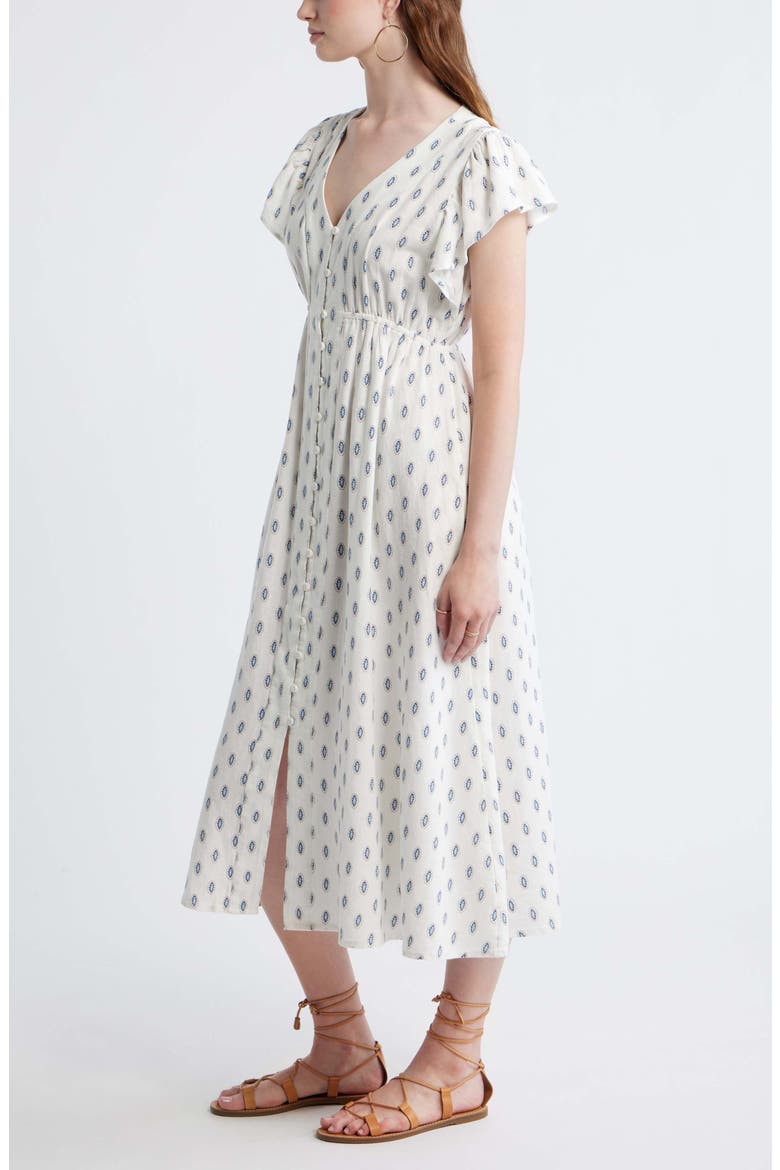Short Sleeve Button Down Linen Blend Midi Dress, Alternate, color, IVORY- BLUE I FOULARD FLOAT