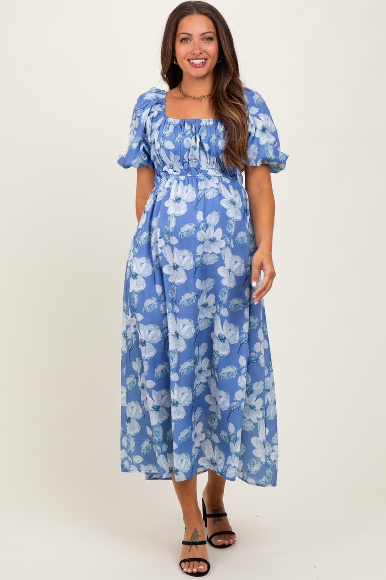 Multi Printed Floral Square Neck Midi Dress, Main, color, Blue