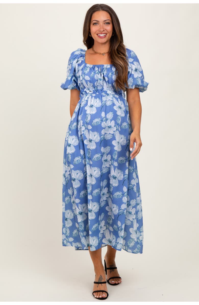 PinkBlush Multi Printed Floral Square Neck Midi Dress, Main, color, Blue