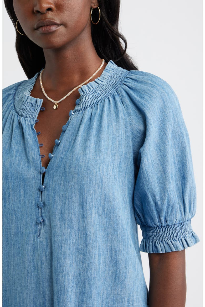 Chambray Puff Sleeve Shift Dress, Alternate, color, MEDIUM WASH