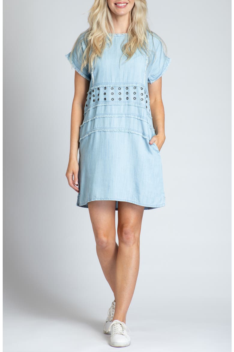 Frayed Grommet A-Line Chambray Dress, Main, color, LIGHT INDIGO