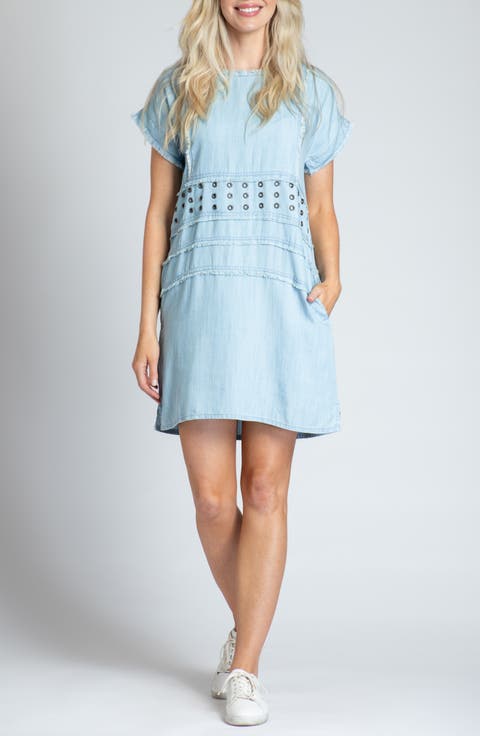 Frayed Grommet A-Line Chambray Dress