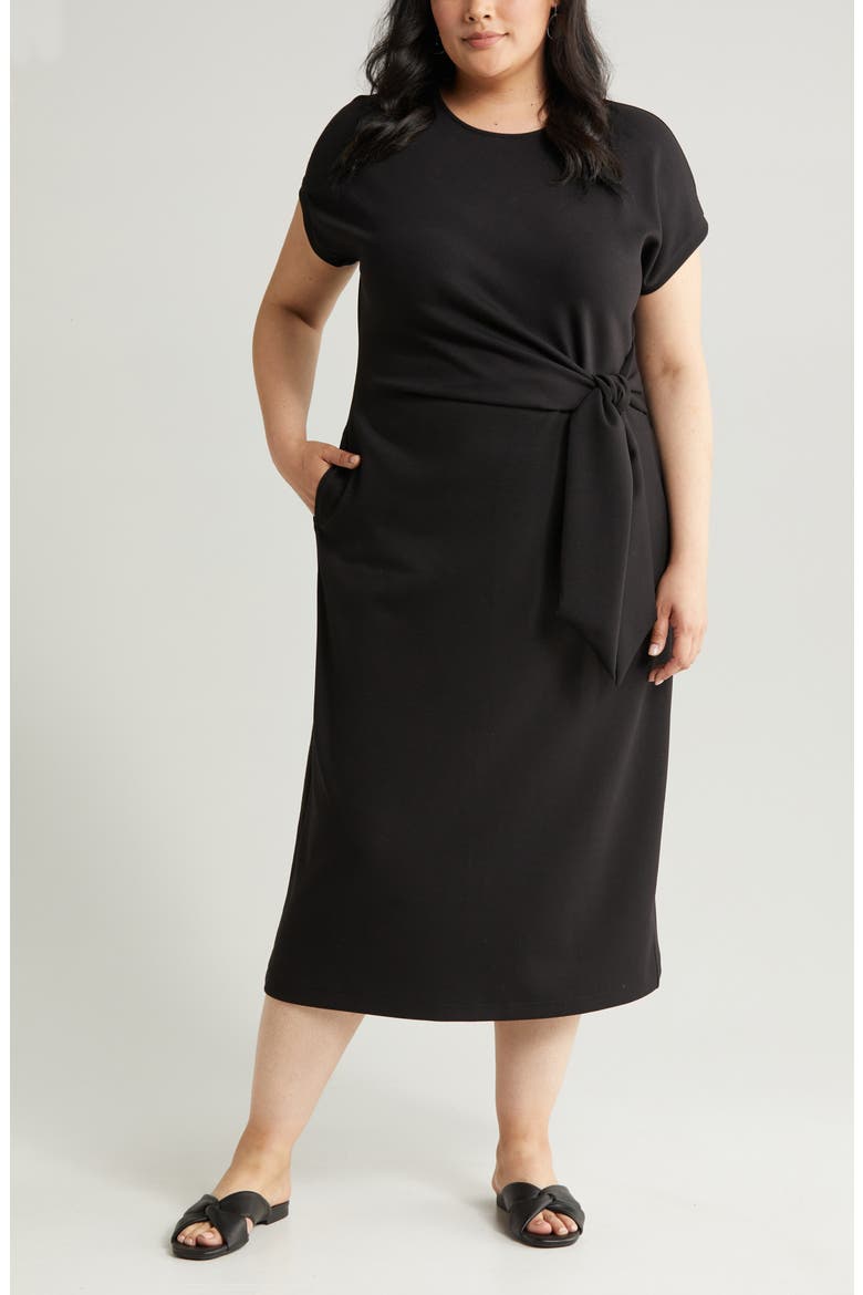 Tie Waist Midi Dress, Main, color, BLACK