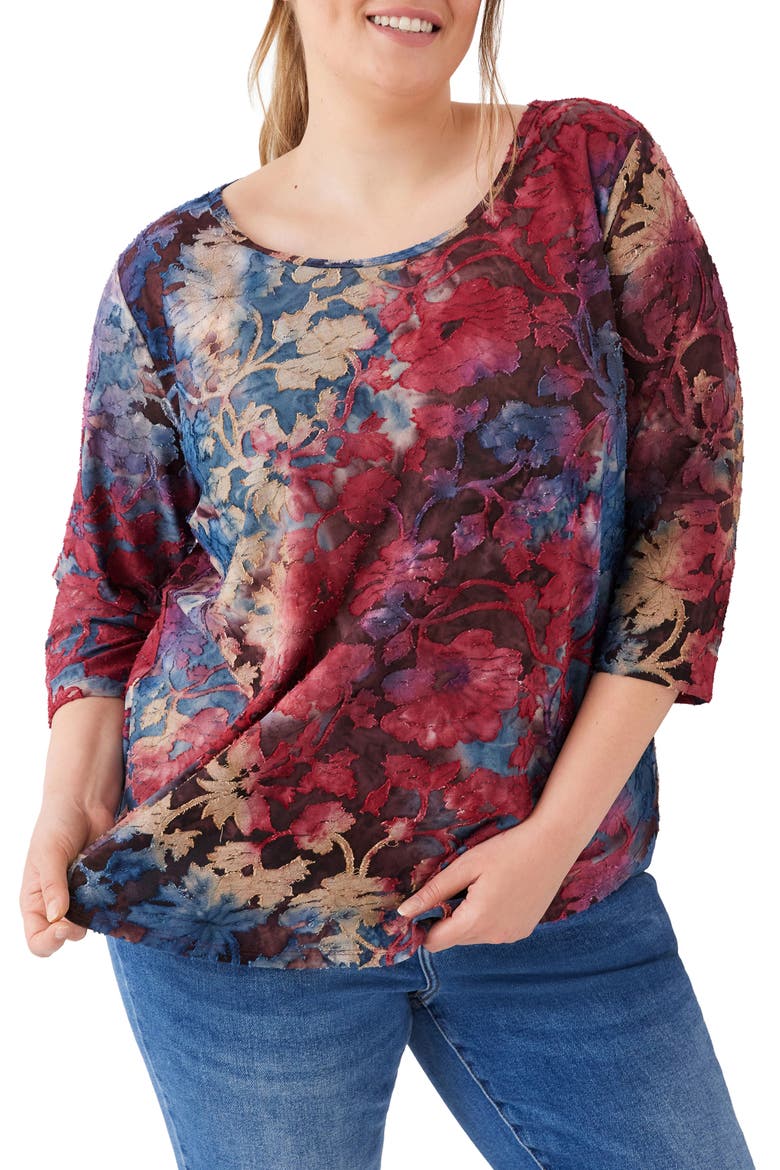 Floral Burnout Shirttail Top, Main, color, WINE