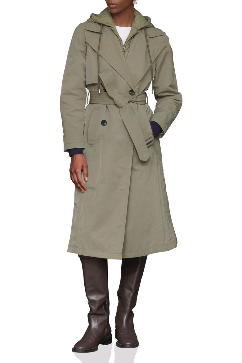 Double Breasted Trench with Hooded Quilted Bib, Main, color, SAGE