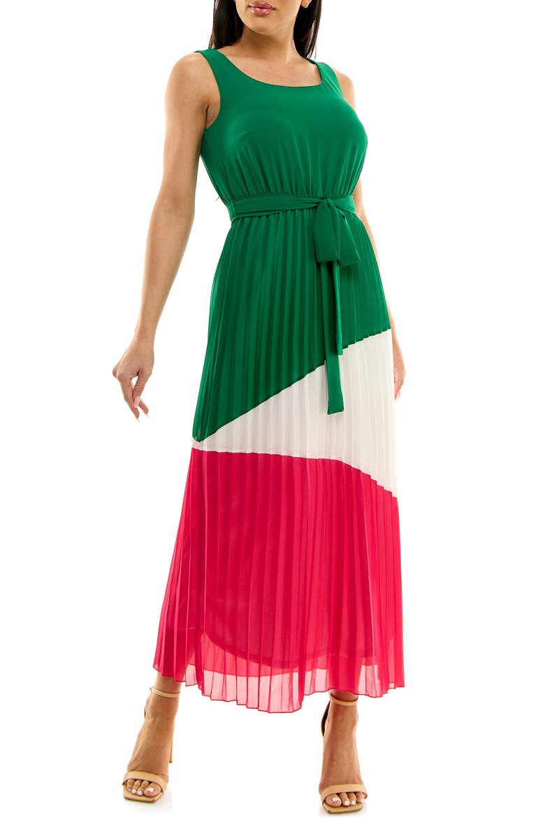 Colorblock Pleated Chiffon Maxi Dress, Main, color, GREEN/ IVORY/ PINK
