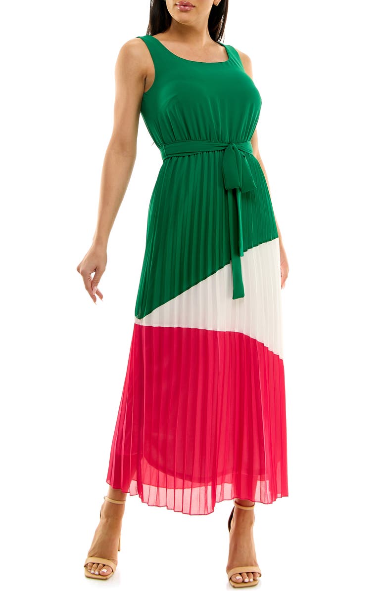 Nina Leonard Colorblock Pleated Chiffon Maxi Dress, Main, color,