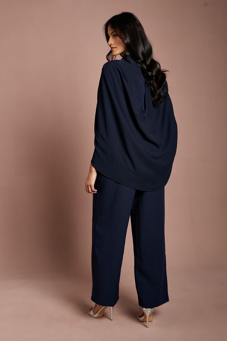 Petite High Neck Cape Wide Leg Jumpsuit, Alternate, color, Navy