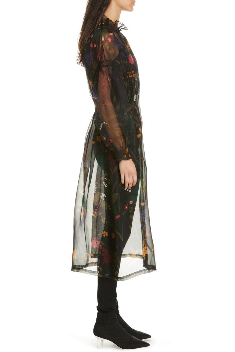 Nanna Floral Print Silk Organza Dress, Alternate, color, BLACK