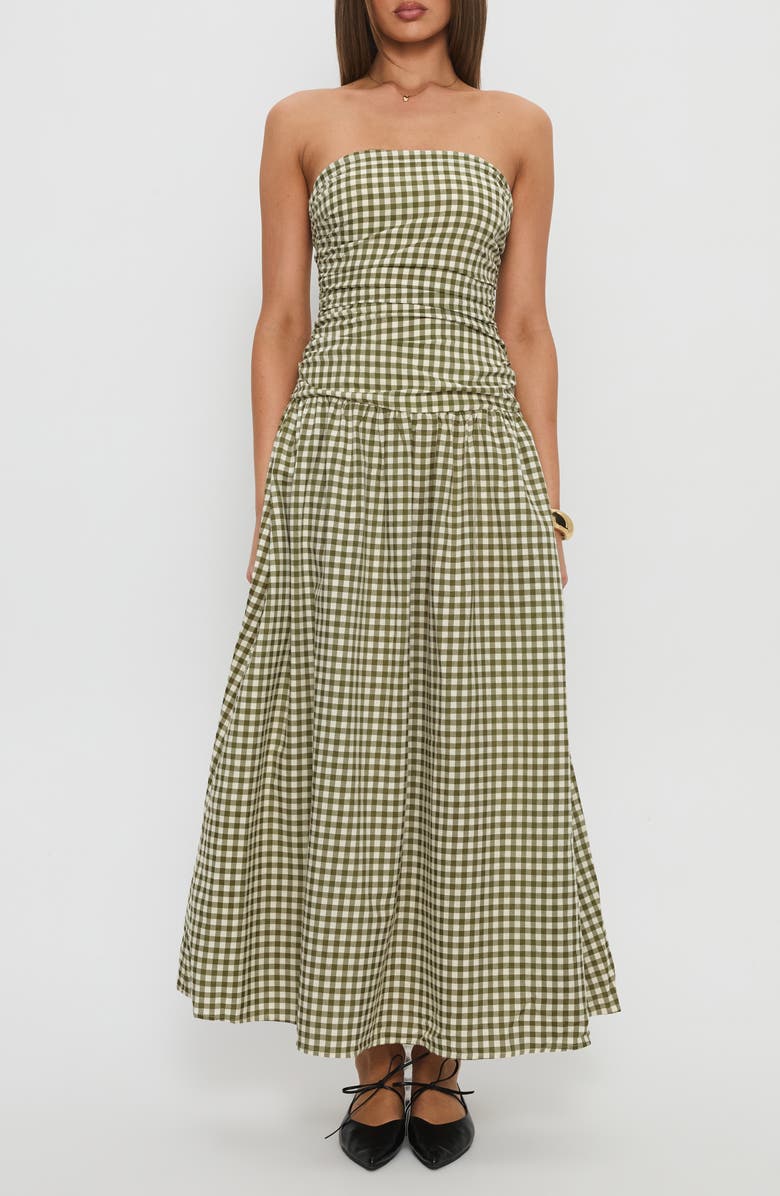Princess Polly Frankey Strapless Gingham Drop Waist Maxi Dress, Main, color, Green Check