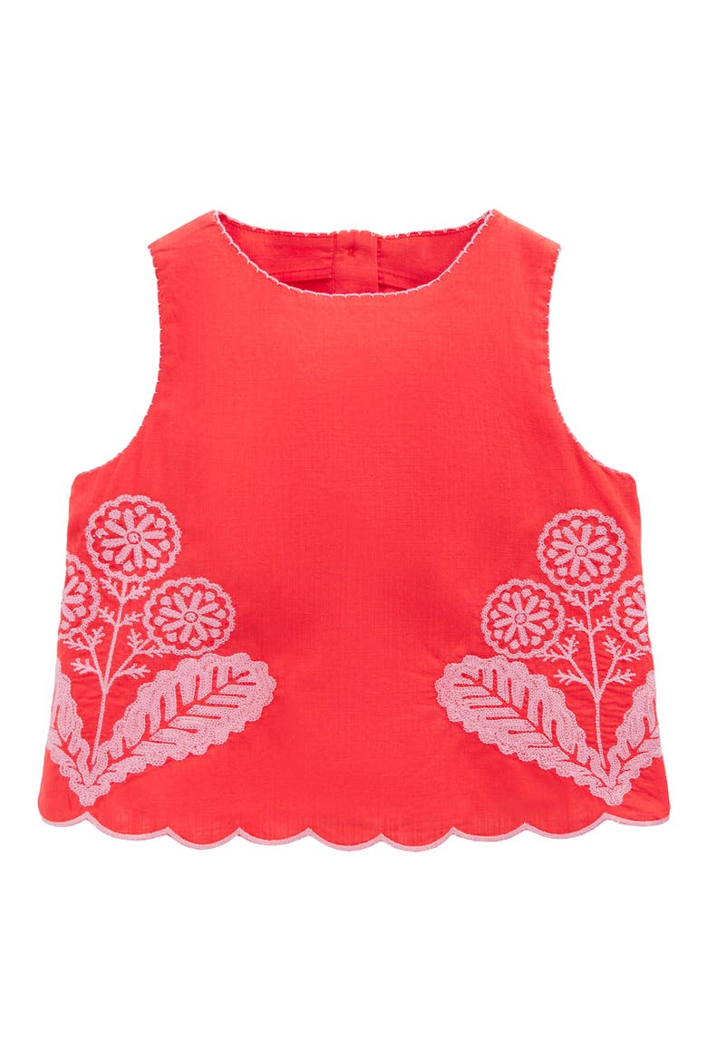 Kids' Woven Floral Embroidered Scallop Trim Top, Main, color, SPICY RED NEON EMBROIDERY