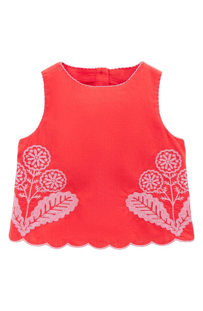 Mini Boden Kids' Woven Floral Embroidered Scallop Trim Top, Main, color, Spicy Red Neon Embroidery