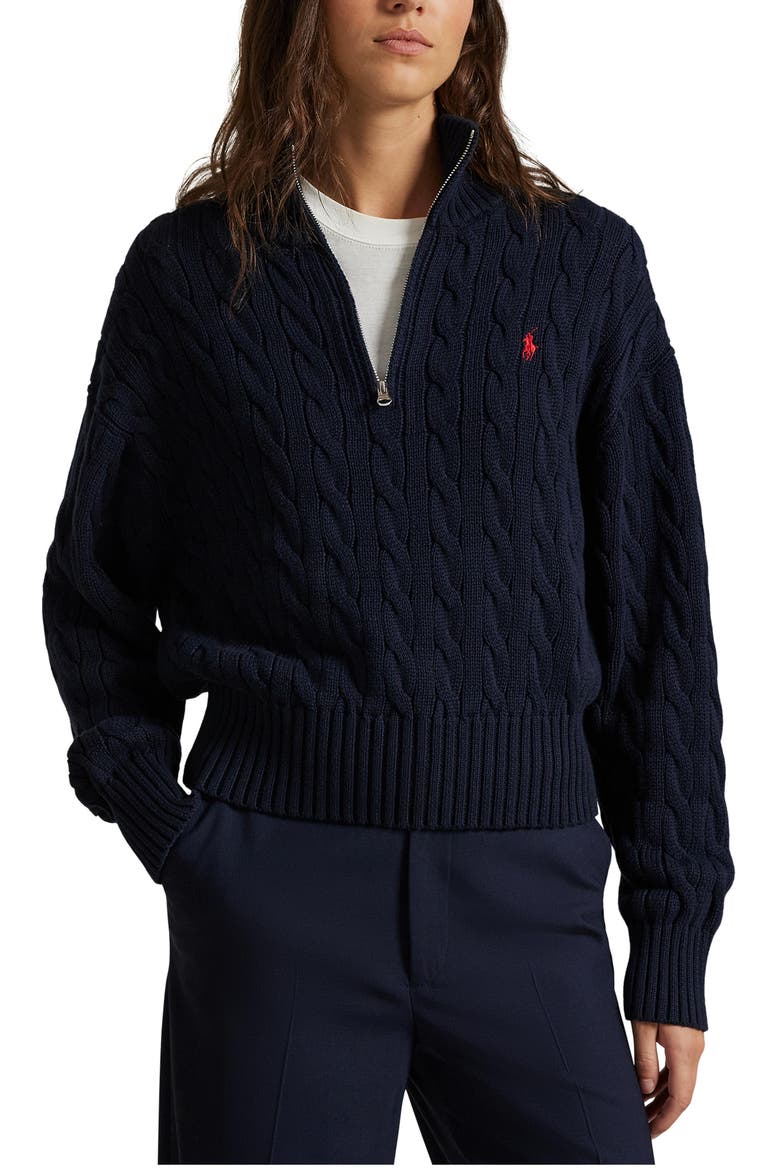 Cable Knit Cotton Polo Sweater, Main, color, BLUE