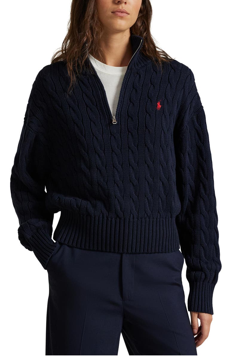 Polo Ralph Lauren Cable Knit Cotton Polo Sweater, Main, color, Blue