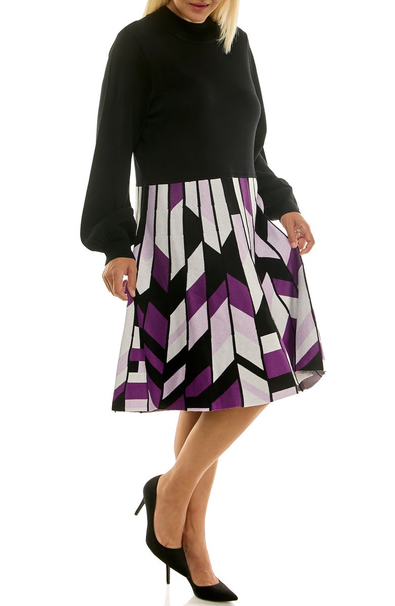 Nina Leonard Mock Neck Long Sleeve Mixed Media Dress, Alternate, color, Purple Multi