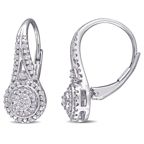 Diamond Halo Leverback Earrings Sterling Silver