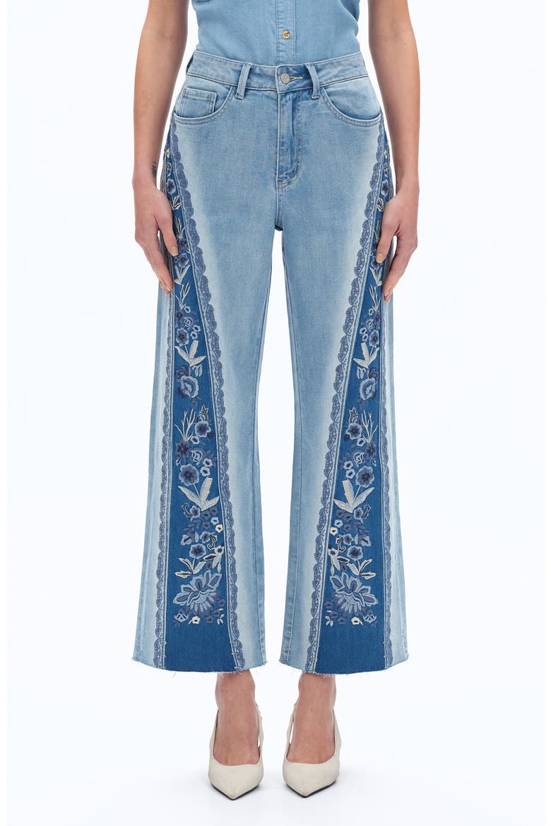 Patchwork Embroidered High Waist Crop Jeans, Main, color, MEDIUM BLUE
