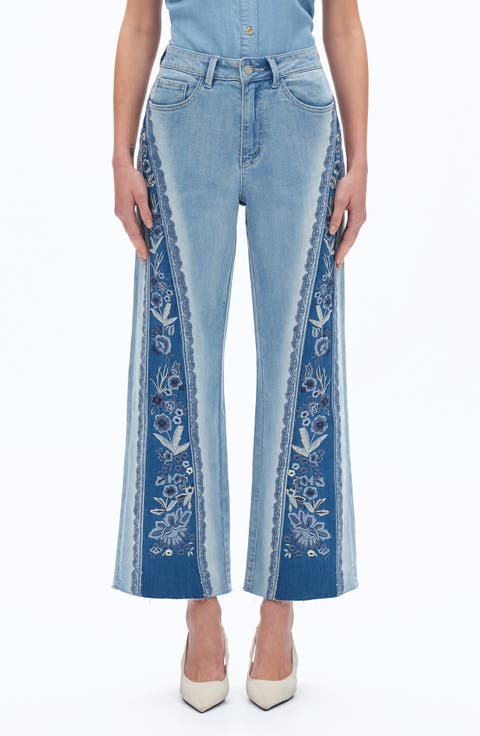 Patchwork Embroidered High Waist Crop Jeans