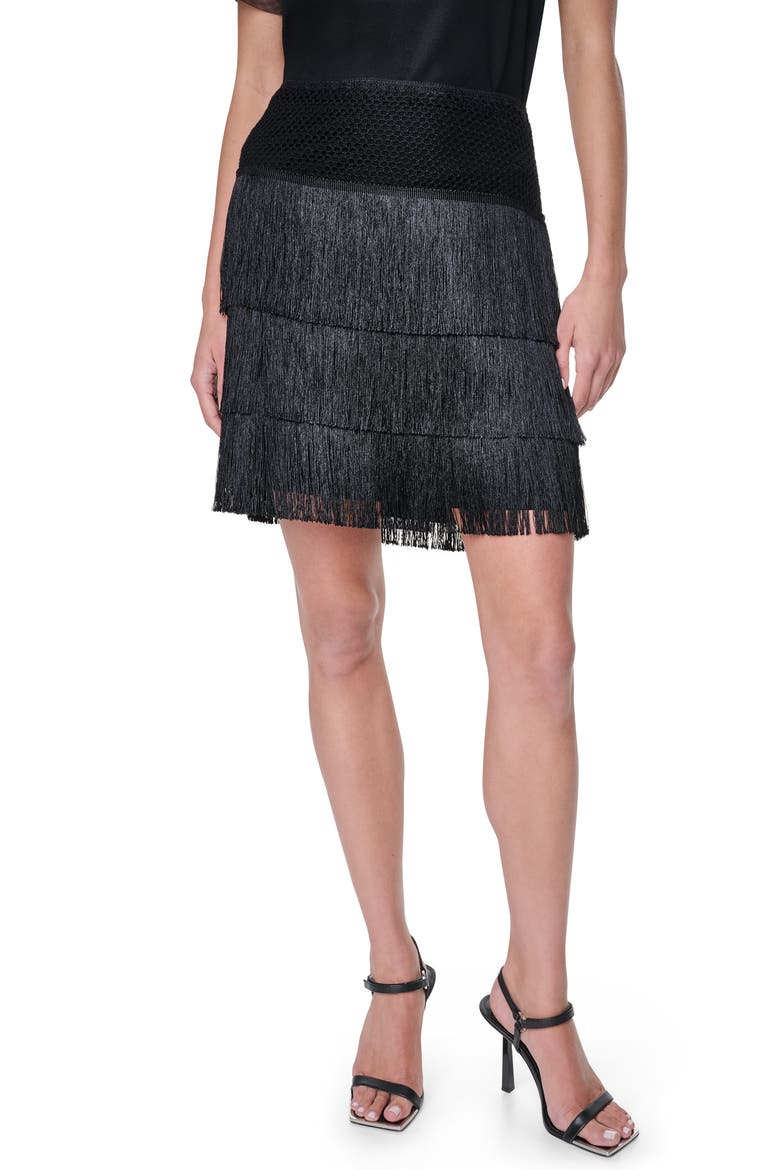 Tiered Fringe Miniskirt, Main, color, BLACK