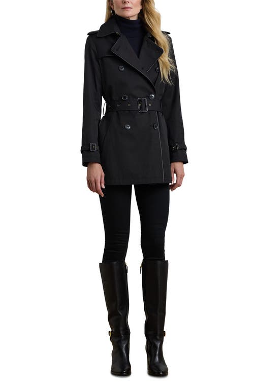 Shop Ralph Lauren Lauren  Belted Double Breasted Trench Coat With Faux Leather Trim In Black