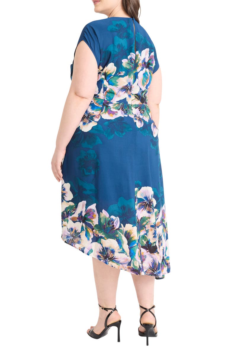 Maggy London Floral Short Sleeve Asymmetric Hem Midi Dress, Alternate, color, Deep Teal/ Light Royal Lilac