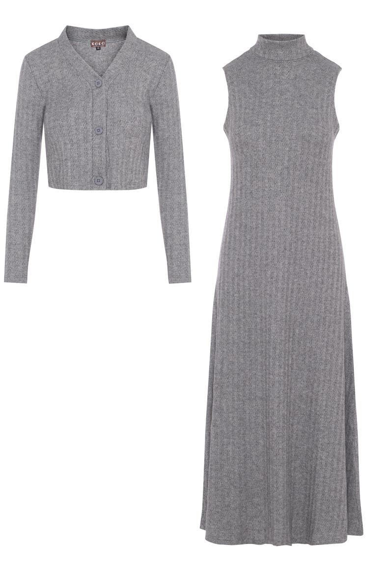 Mock Neck Midi Dress with Invisible Zipper & Button Front Cardigan 2-Piece Set, Main, color, Grey
