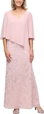 SL FASHIONS Cape Sleeve Floral Glitter Mesh Gown