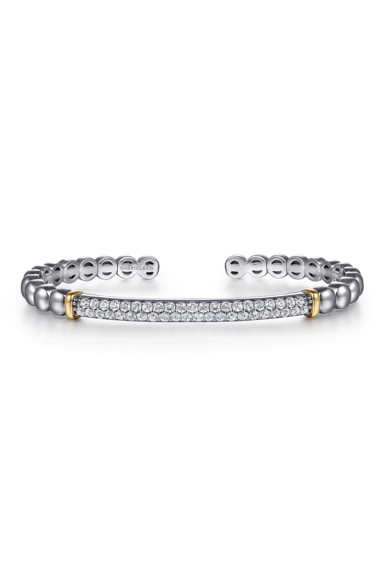 Bujukan Sterling Silver, White Sapphire & 14K Gold Open Bangle Bracelet, Main, color, SILVER/ 14K YELLOW GOLD