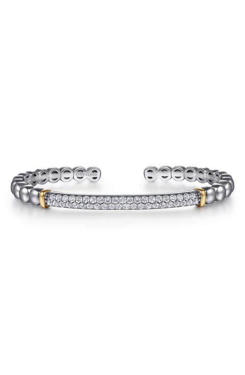 Bujukan Sterling Silver, White Sapphire & 14K Gold Open Bangle Bracelet
