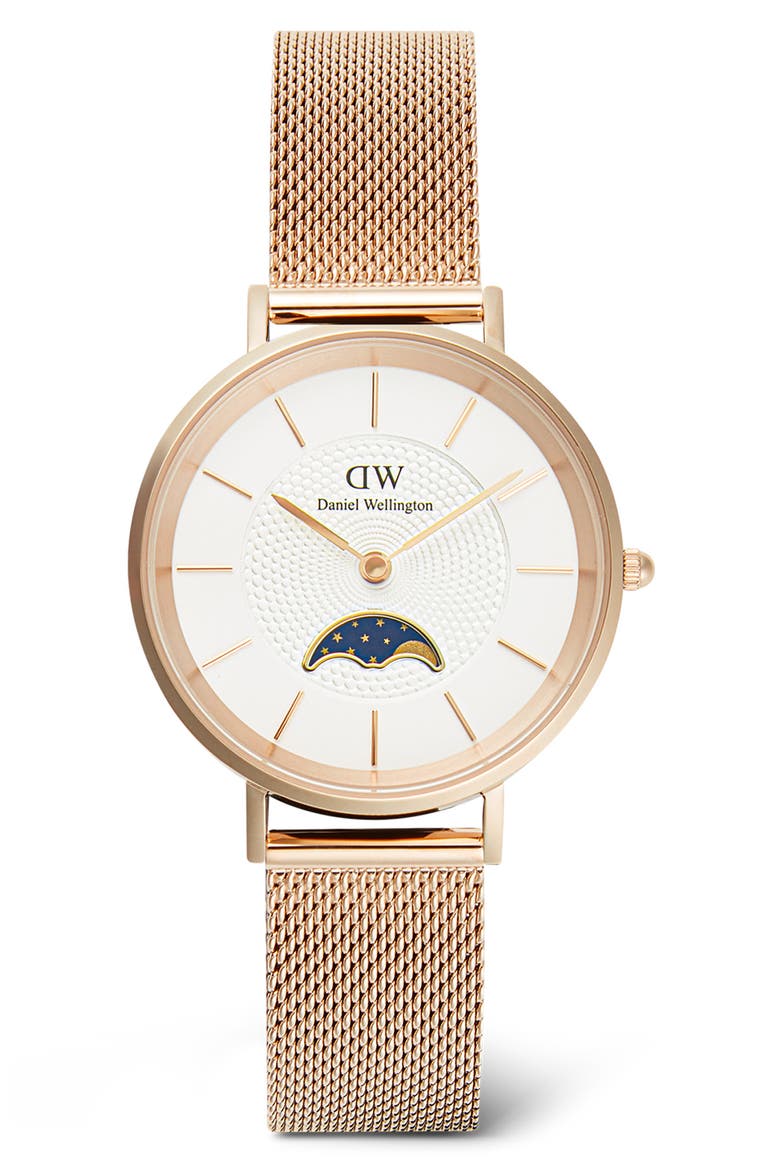 Petite Moonphase Mesh Strap Watch, 32mm, Main, color, ROSE GOLD