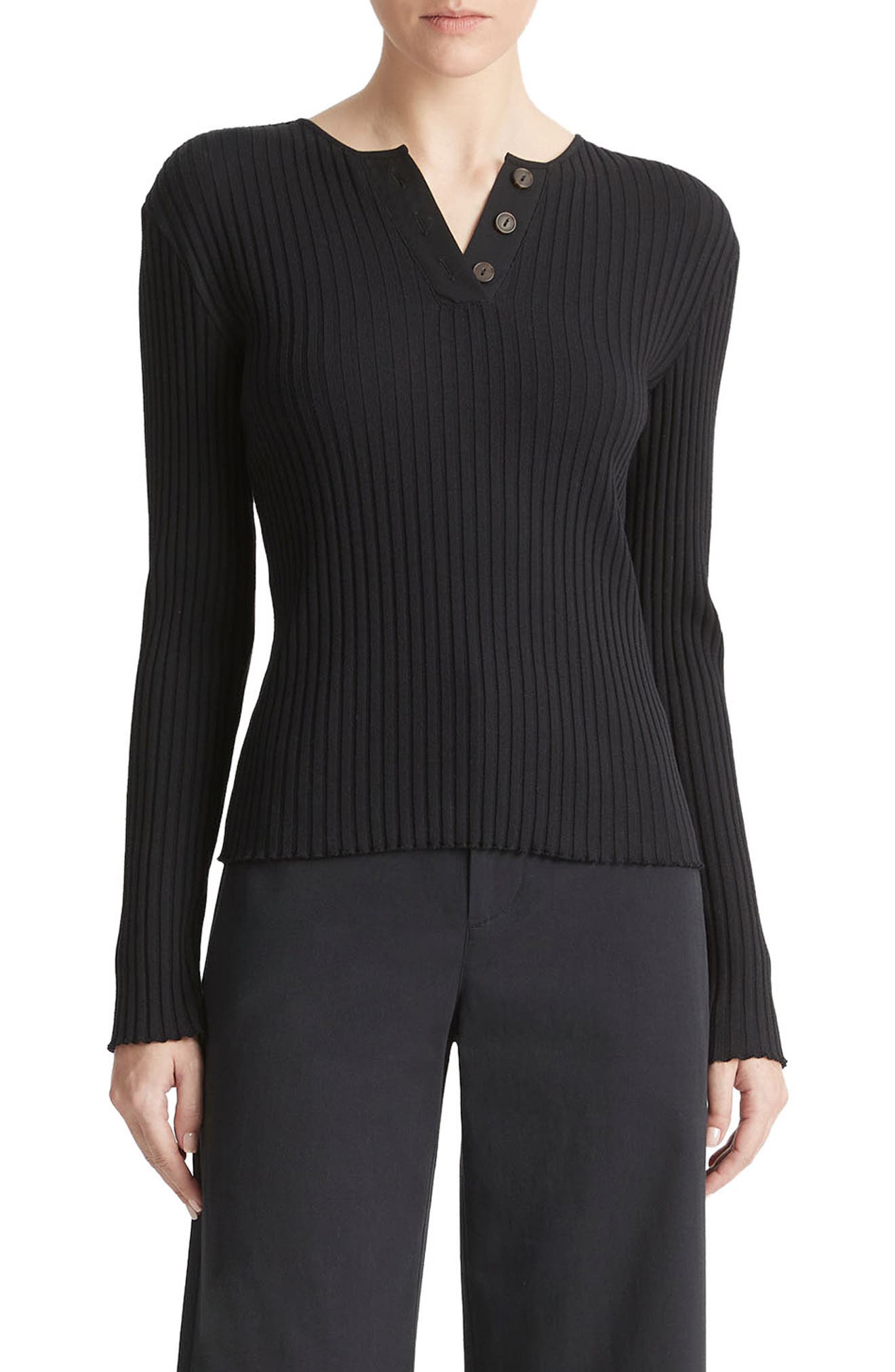 Cotton Blend Rib Henley Sweater