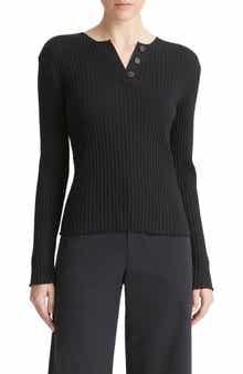 Cotton Blend Rib Henley Sweater