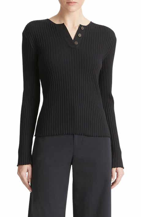 Cotton Blend Rib Henley Sweater
