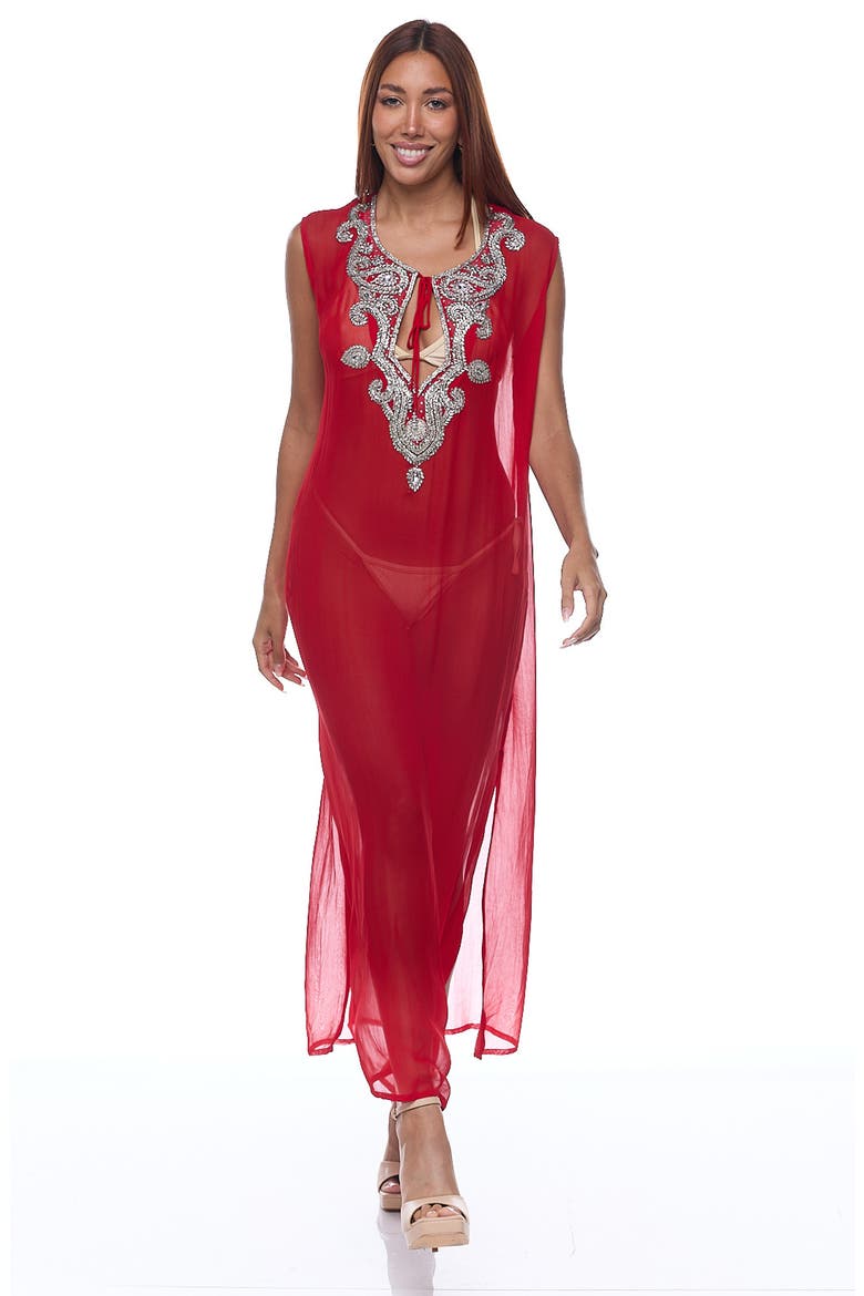 Embellished Sheer Cover-Up Dress, Alternate, color, RED