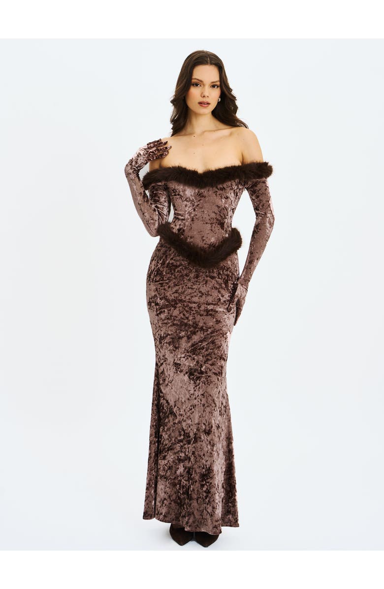 Miss Circle Tessa Sweetheart Bardot Faux Fur Velvet Mermaid Maxi Dress, Alternate, color, Coffee