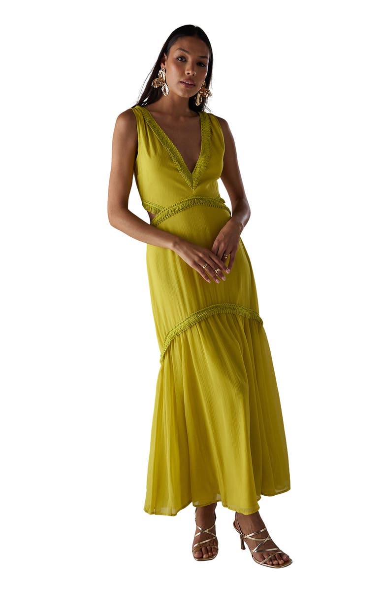 Warehouse Chiffon Fringe Trim Cut Out Maxi Dress, Main, color, Chartreuse