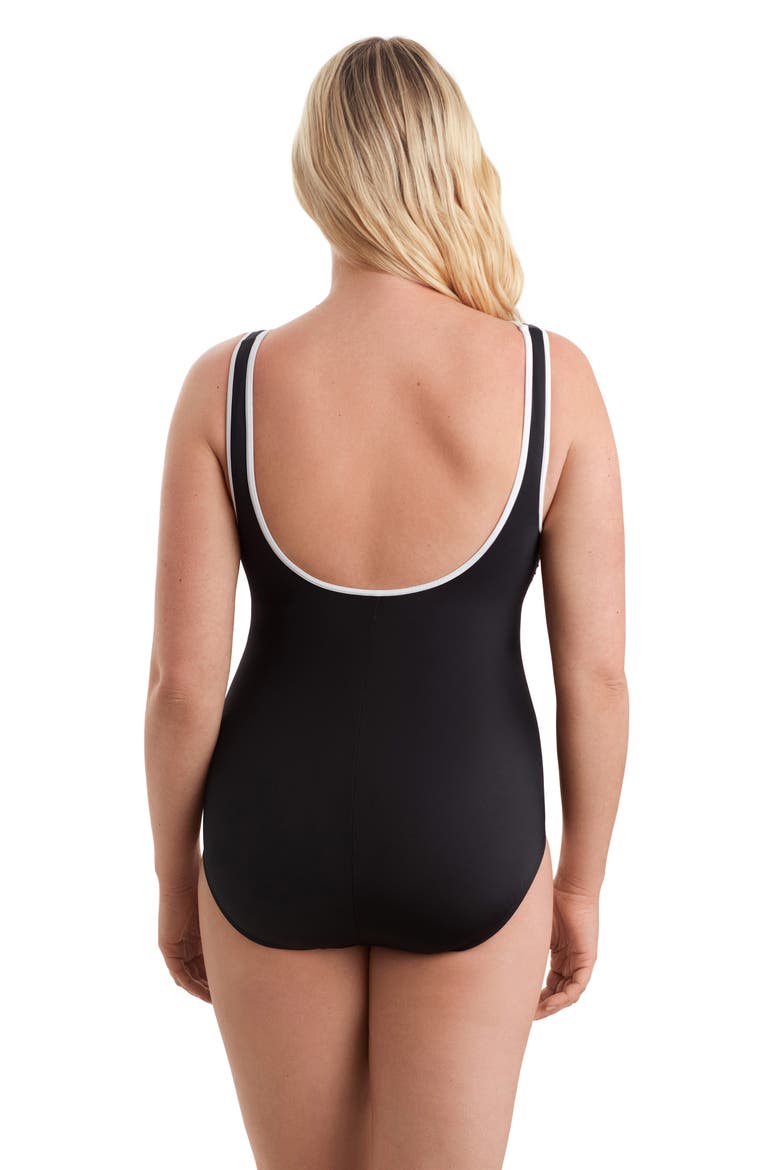Shirred Zipper Tank Chlorine Resistant One-Piece Swimsuit, Alternate, color, Black and White